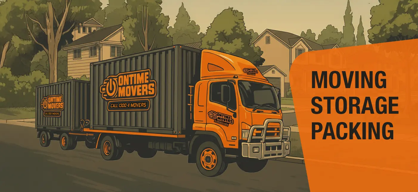 Ontime Movers branded truck and trailer parked on a suburban street with bold signage for moving, storage, and packing services