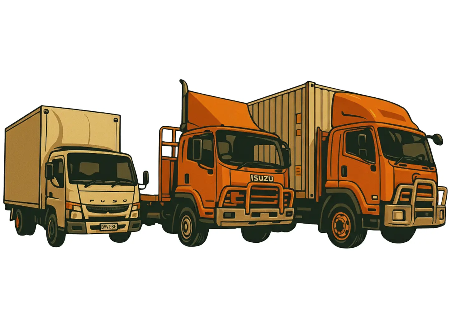 Three Ontime Movers trucks of varying sizes parked side by side, showcasing fleet diversity for residential and commercial relocations